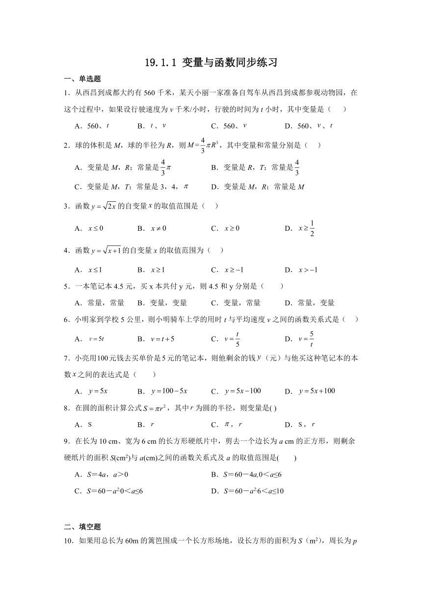 2023－2024学年人教版数学八年级下册 19.1.1 变量与函数 同步练习（含解析）