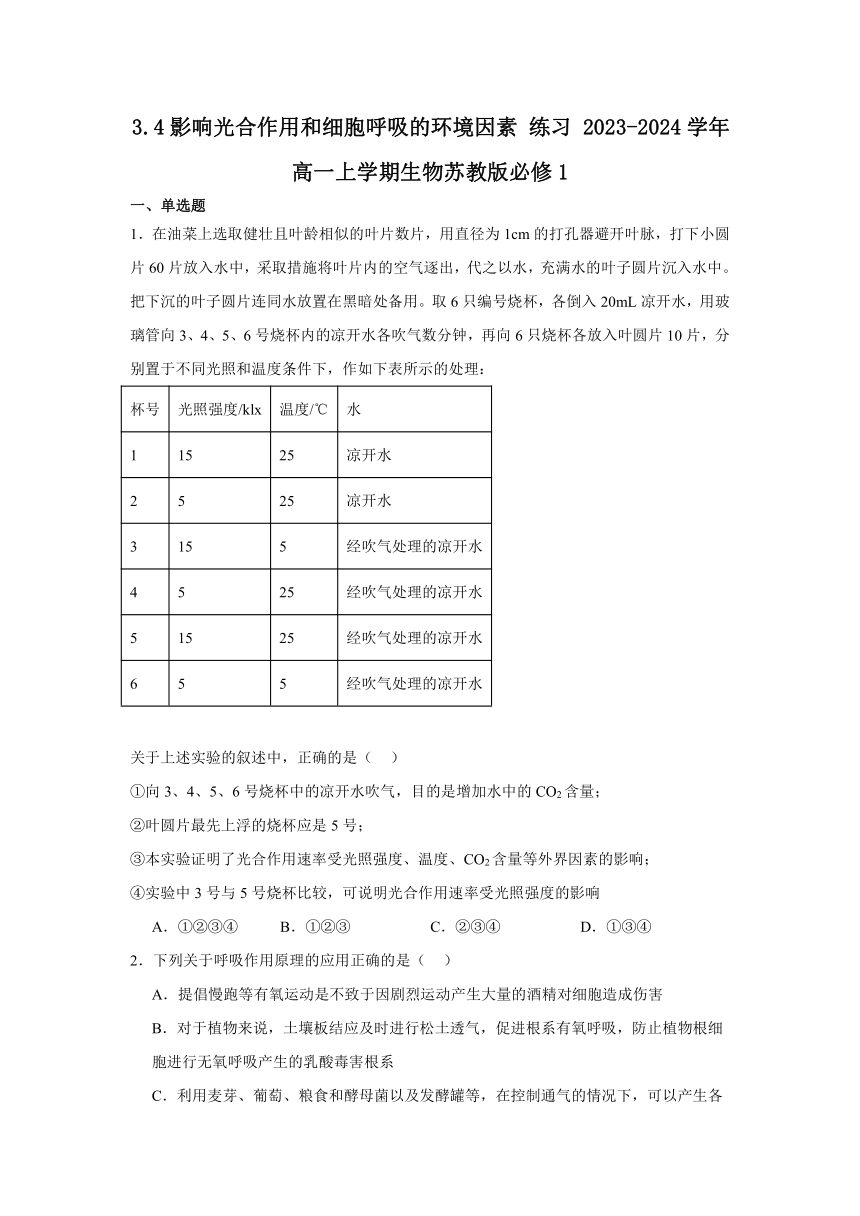 3.4 影响光合作用和细胞呼吸的环境因素  练习（含解析） 2023-2024学年高一上学期生物苏教版必修1