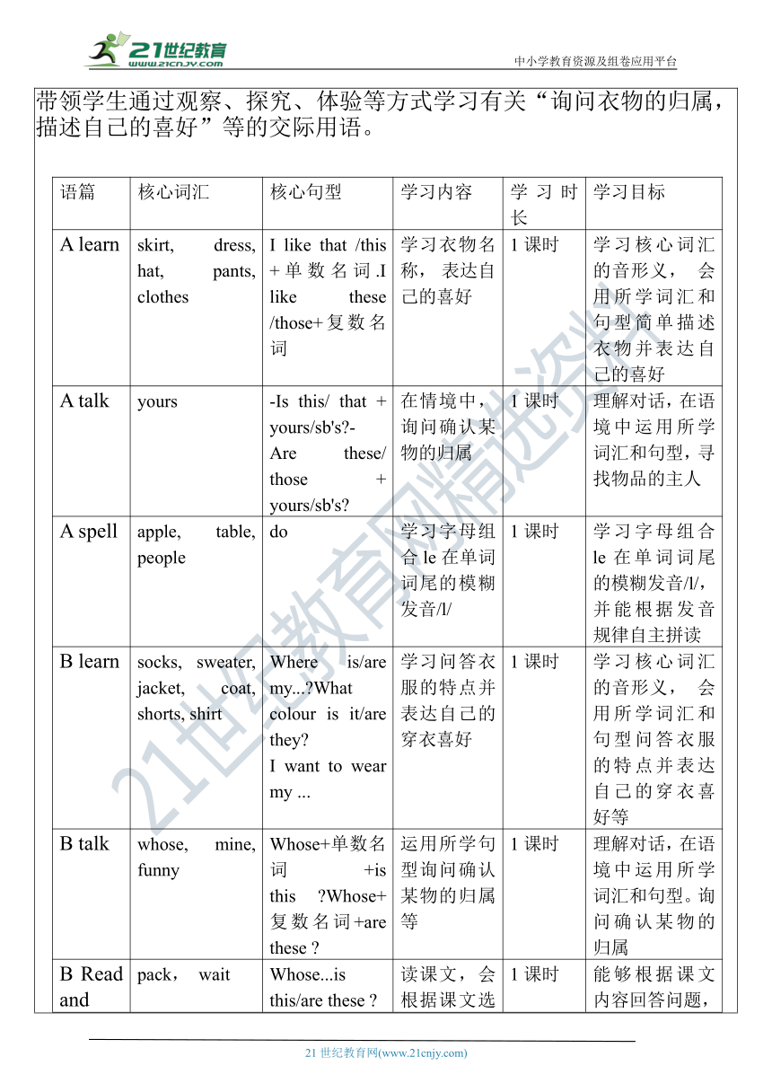 【单元整体教学设计】Unit 5 My clothes PA Let's spell 教案