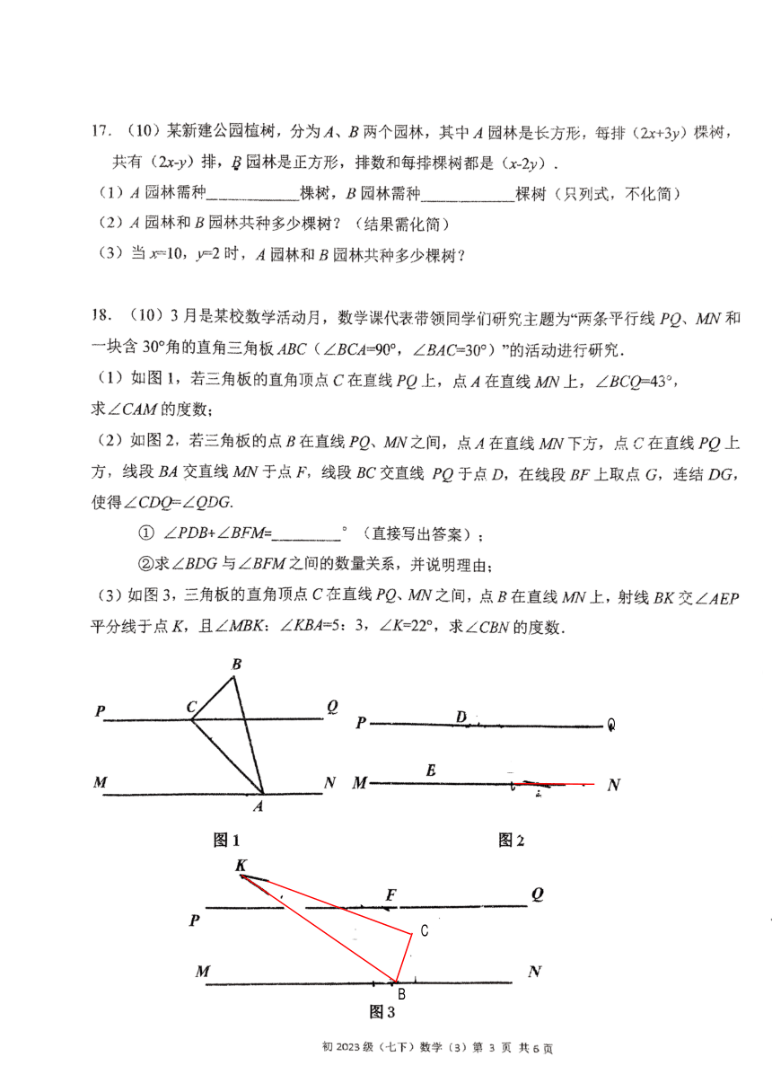 四川省成都市锦江区师一学校2023-2024学年七年级下学期数学3月考试卷(图片版无答案)