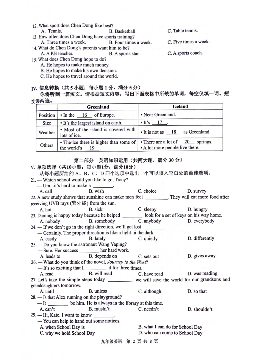 2024年安徽省合肥市肥西县中考二模英语试题（PDF版，无答案，无听力音频及原文）