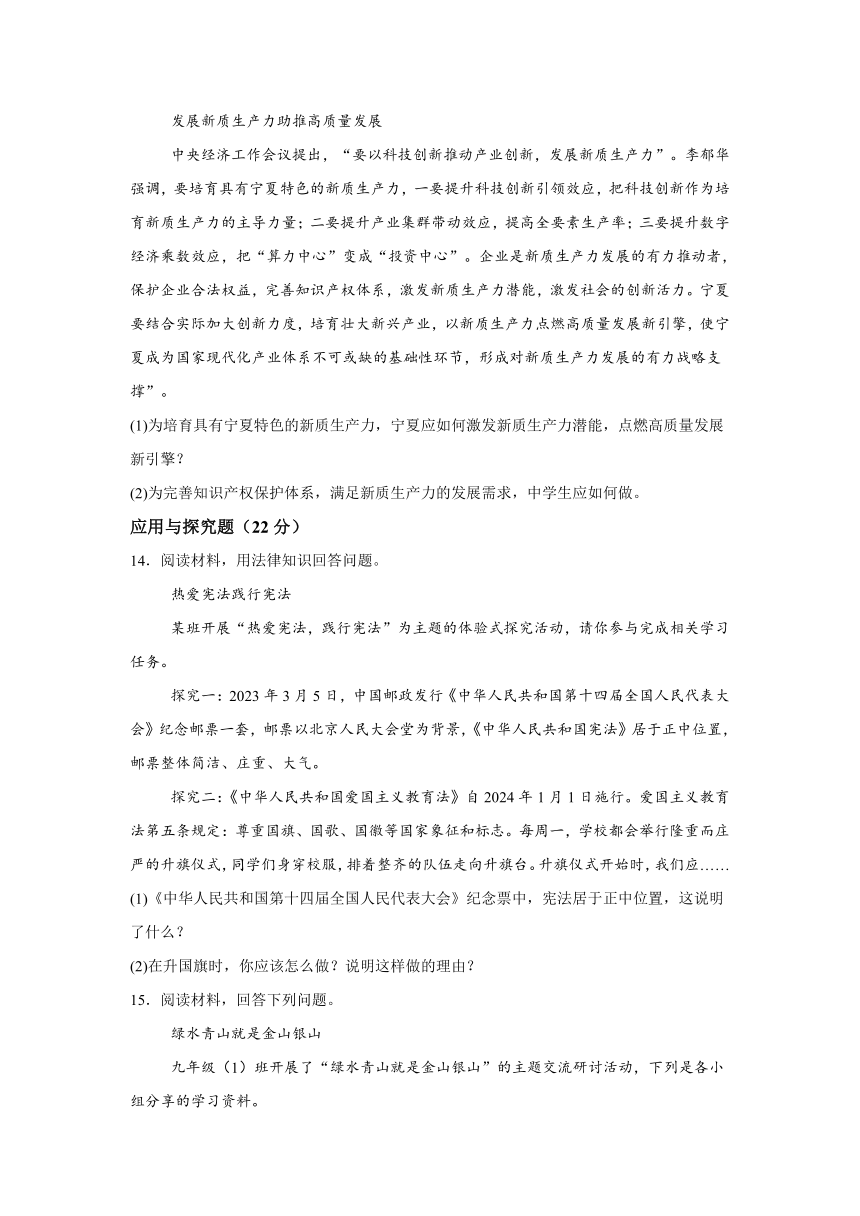 宁夏银川市唐徕中学南校区2023-2024学年九年级下学期期中道德与法治试题（含解析）