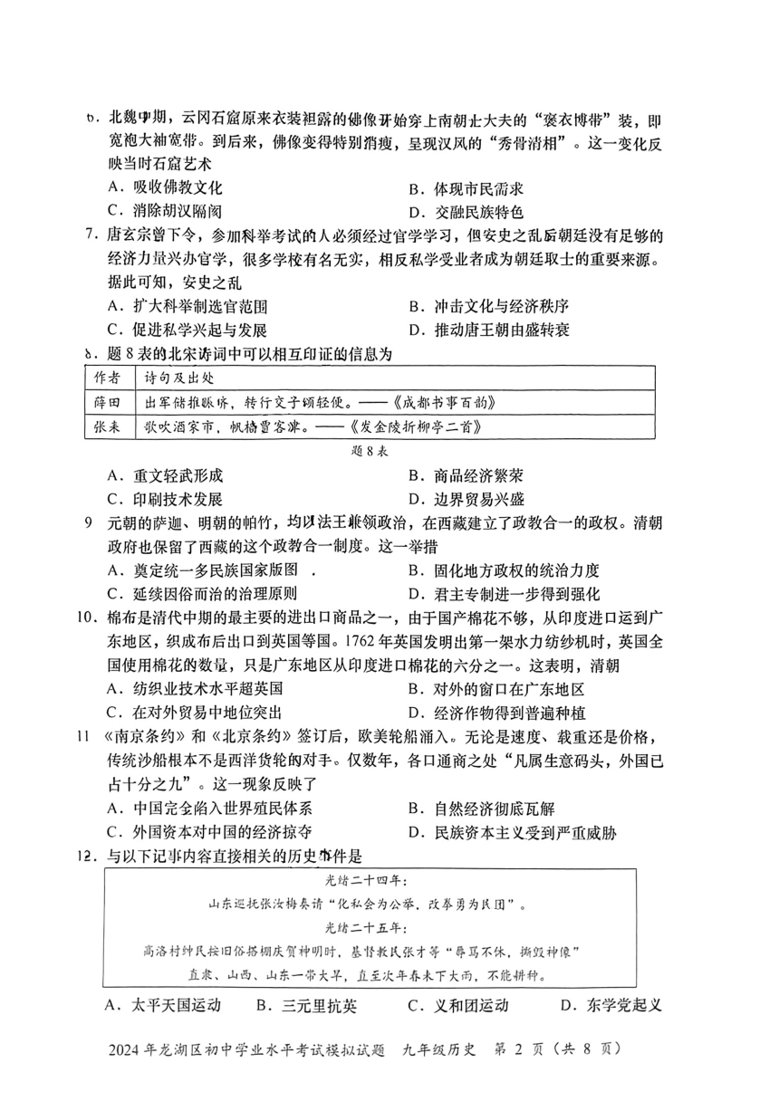 广东省龙湖区2024年中考一模历史试题（扫描版含答案）