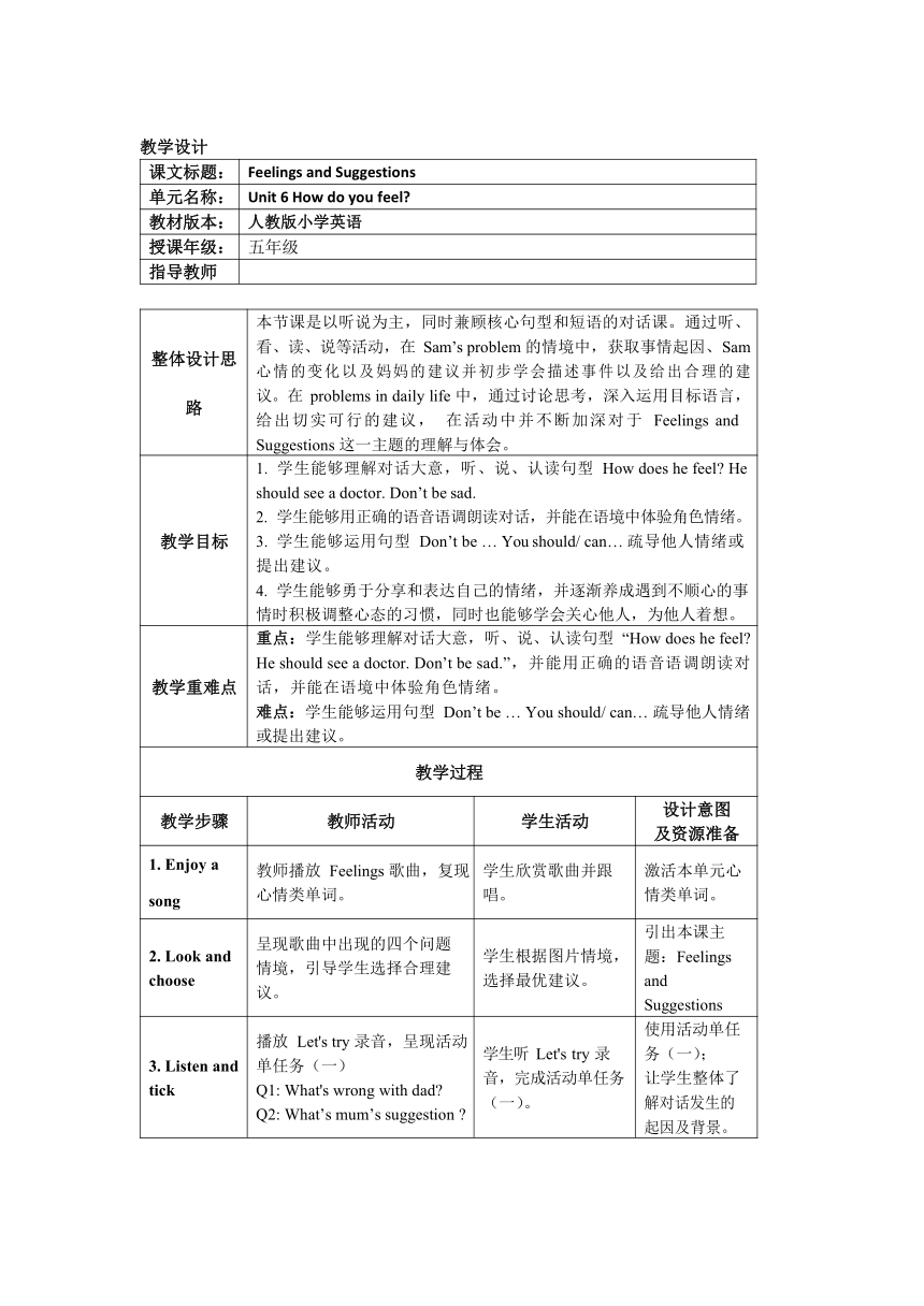 Unit 6 How do you feel Part B Let’s talk  表格式教案