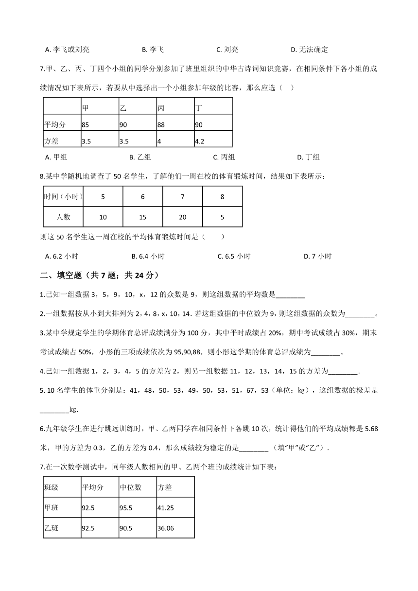 人教版八年级数学下册第二十章《数据的分析》单元试卷（含答案）