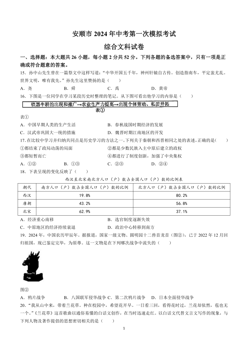 贵州省安顺市2024年中考第一次模拟考试历史试题(无答案)