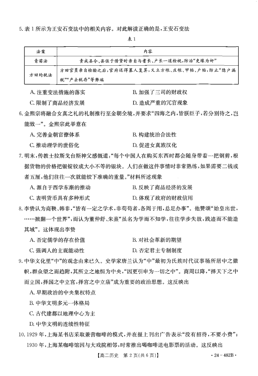 广东省佛山市名校2023-2024学年高二下学期期中联考历史试卷（图片版含答案）