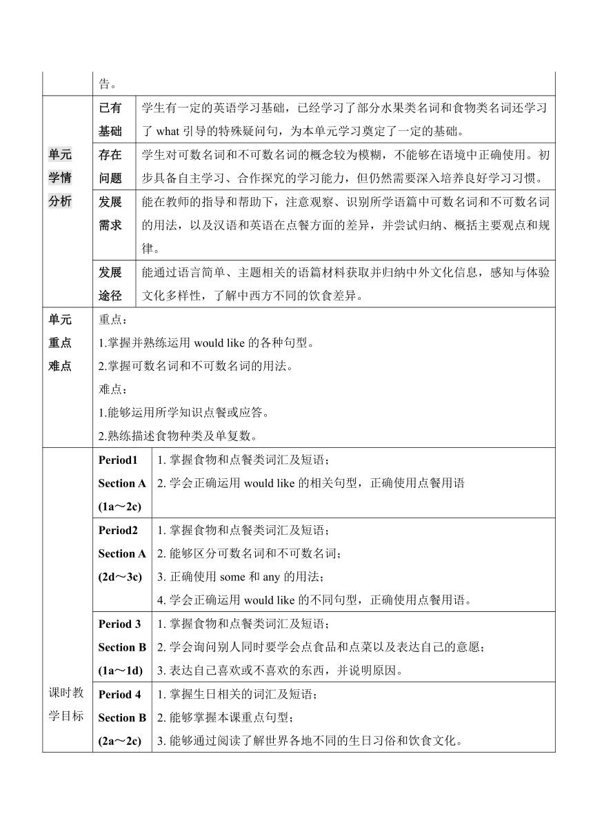 Unit 10 I'd like some noodles.大单元整体教学设计2023-2024学年人教版英语七年级下册.