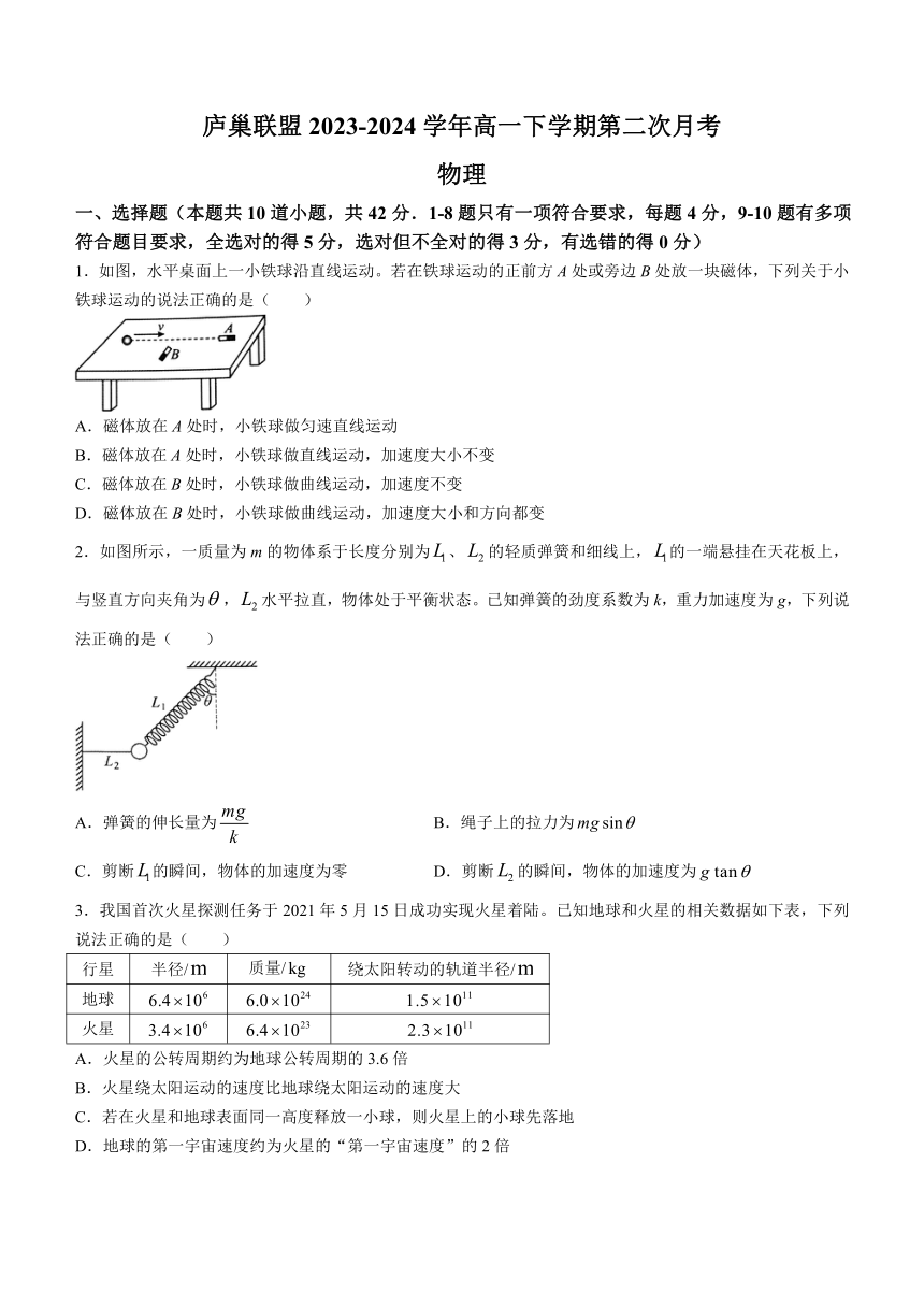 安徽省庐巢联盟2023-2024学年高一下学期第二次月考物理试题（含答案）