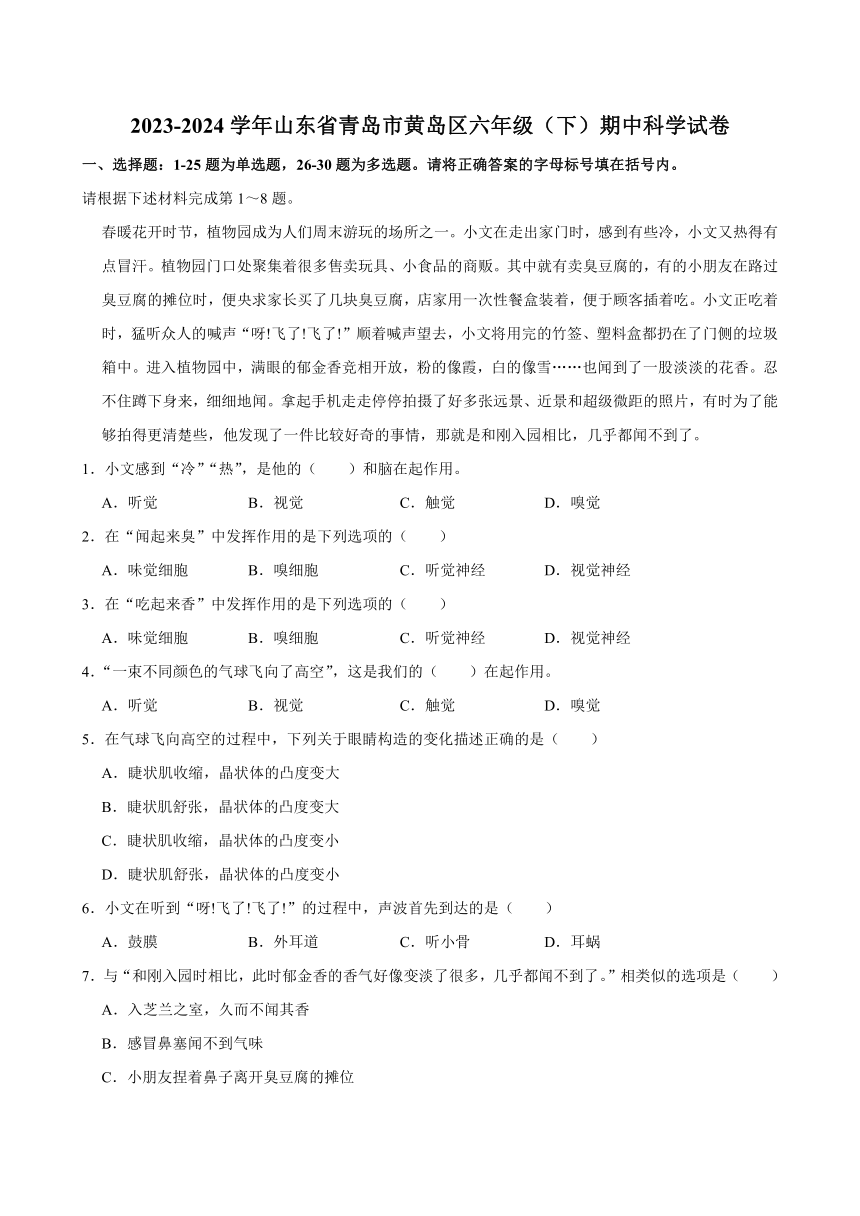 山东省青岛市黄岛区2023-2024学年六年级下学期期中科学试卷（含答案解析）