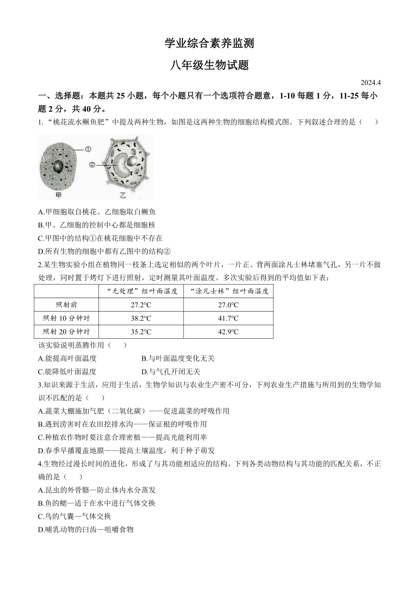 2024年山东省枣庄市薛城区八年级学生综合素养检测生物试题（含答案）