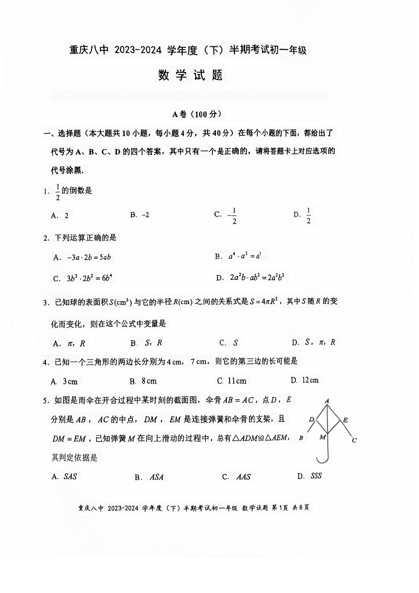 重庆市第八中学2023-2024学年七年级下学期期中考试数学试卷（图片版，无答案）