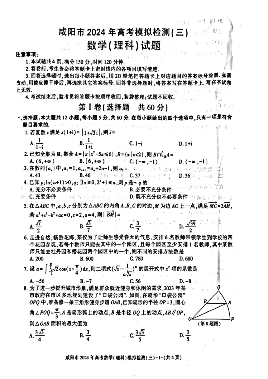 陕西省咸阳市2024届高三下学期高考模拟检测（三）数学（理）试卷（图片版，含答案）