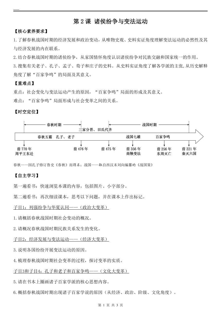 【核心素养】第2课 诸侯纷争与变法运动 导学案（无答案）