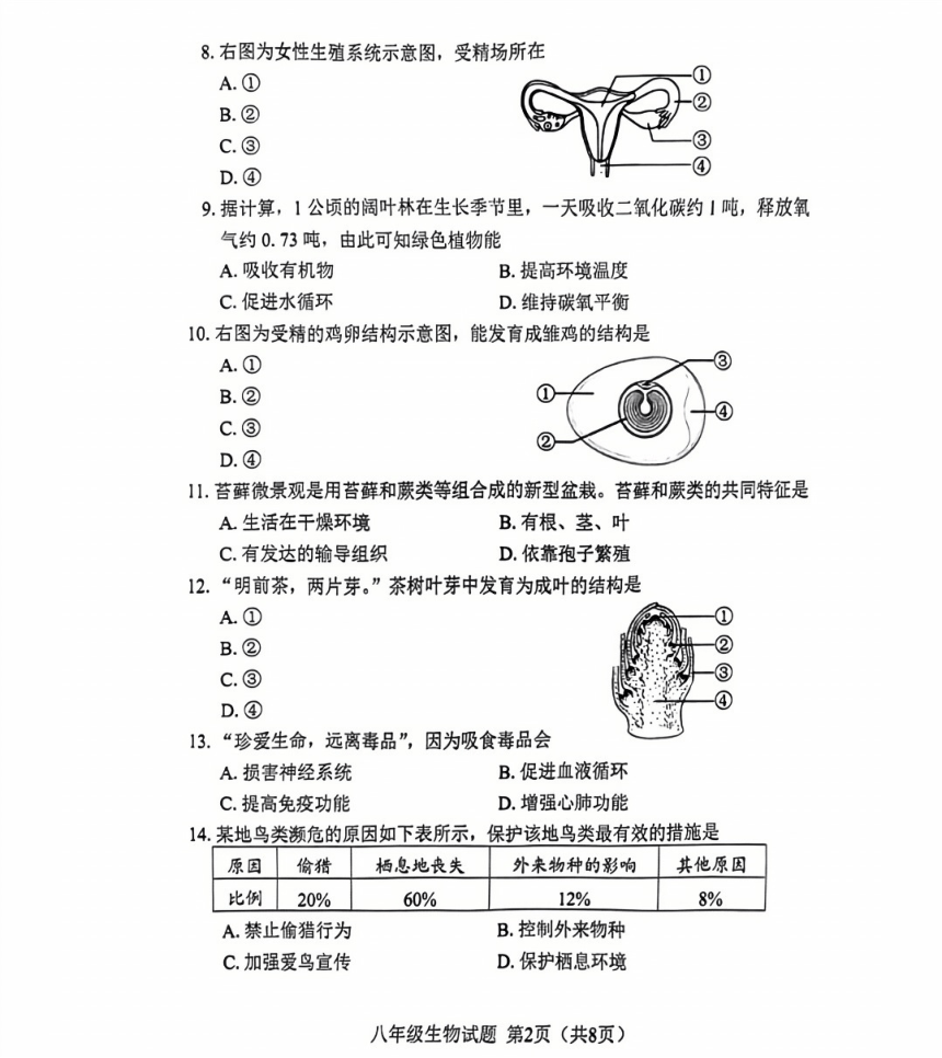 2024年5月福建省南平市初中毕业班教学质量检测生物试题（pdf版无答案）