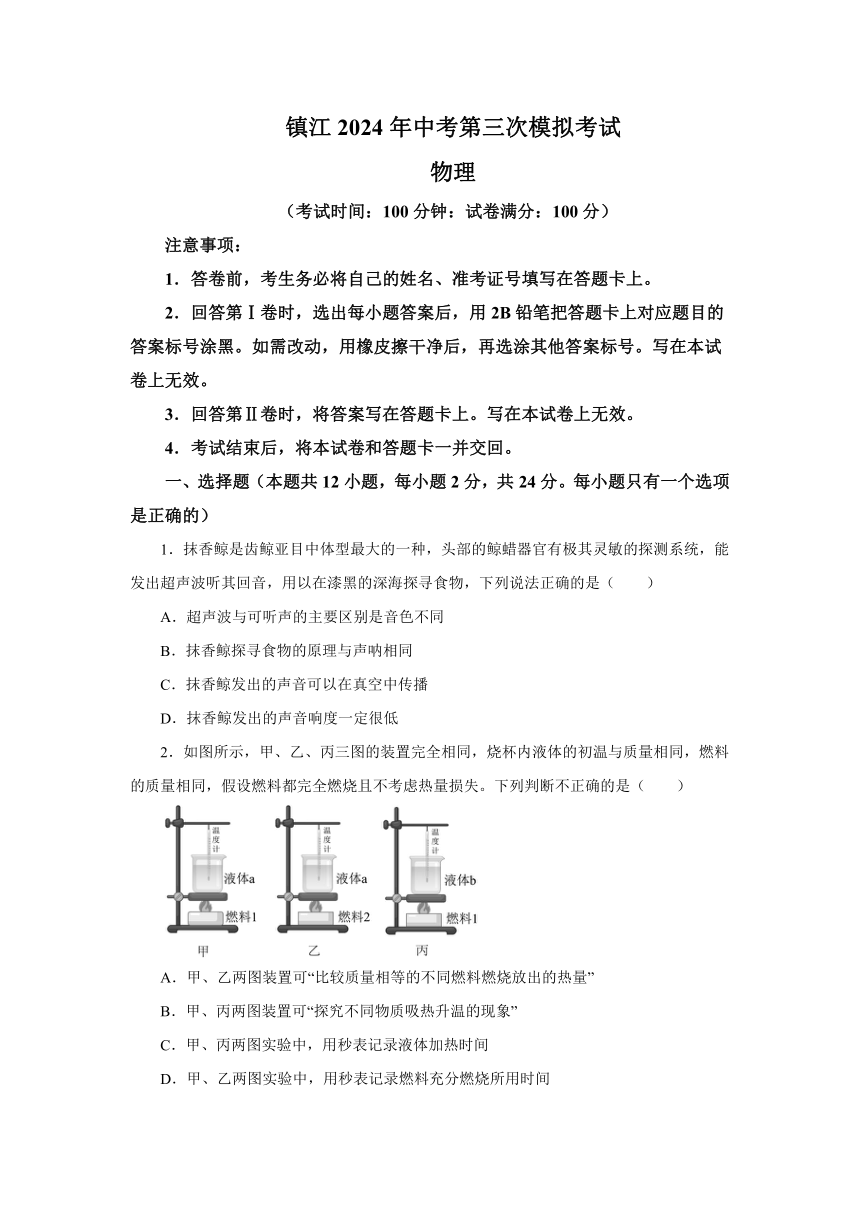 江苏省镇江2024年中考第三次模拟考试物理（含解析）