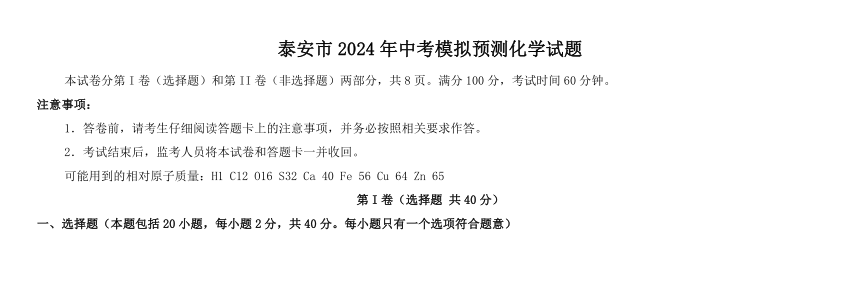 山东省泰安市2024年中考模拟预测化学试题（含答案）