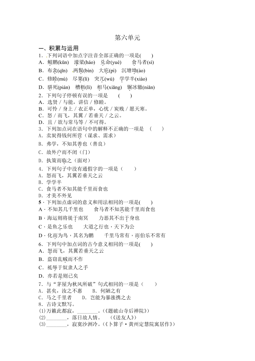 2023-2024学年统编版八年级下册语文第六单元练习题（含答案）