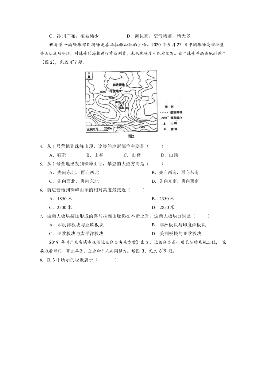 2020年广东省初中学业水平测试地理试卷 Word版含答案