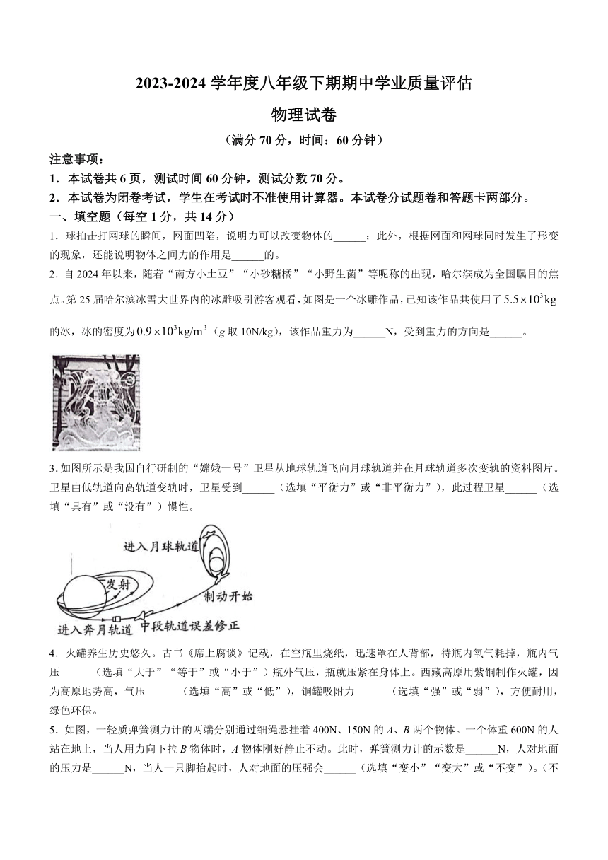 河南省漯河市召陵区2023-2024学年八年级下学期4月期中物理试题（含答案）