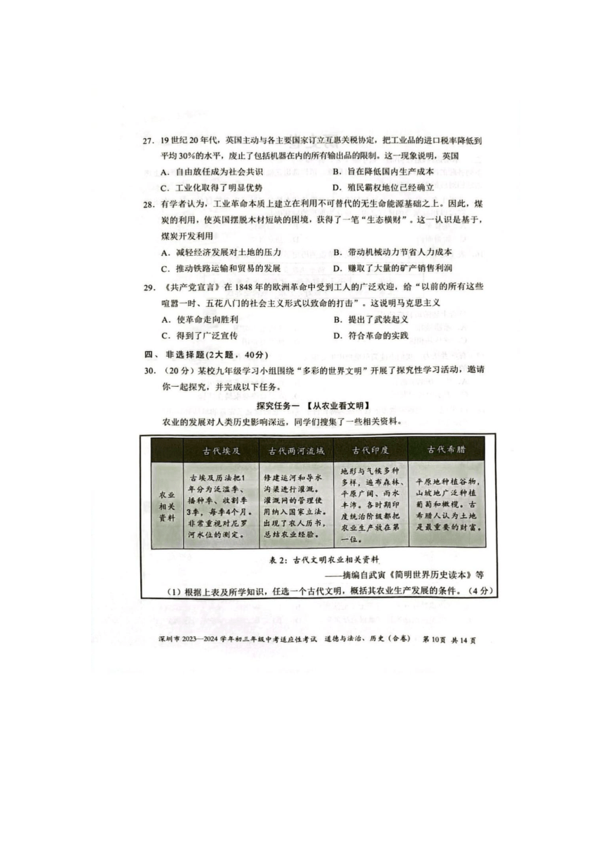 广东省深圳市2023-2024学年初三年级中考适应性考试历史试题（扫描版含答案）