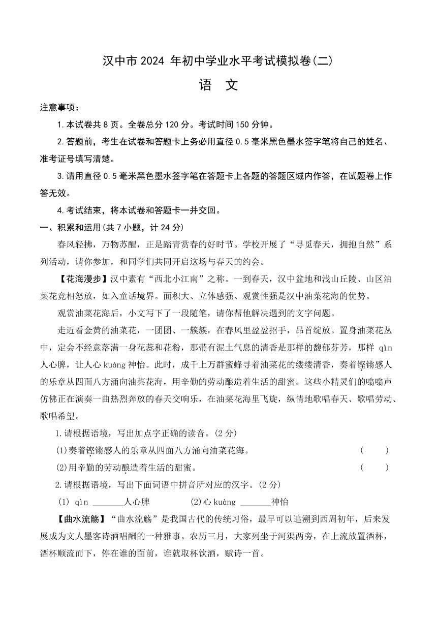 2024年陕西省汉中市宁强县中考二模语文试题（含答案）