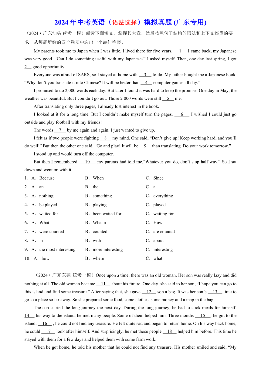 2024年中考英语（语法选择）模拟真题 (广东专用)（含解析）
