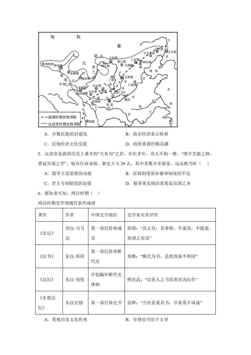 第4课西汉与东汉——统一多民族封建国家的巩固 同步练习 高中历史统编版（2019）必修中外历史纲要上册（含解析）