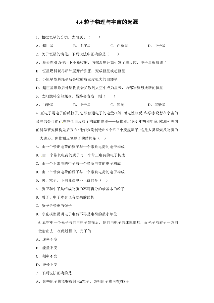 上海市丰华高中2019-2020学年物理沪科版选修3-5：4.4粒子物理与宇宙的起源 课时训练（含解析）