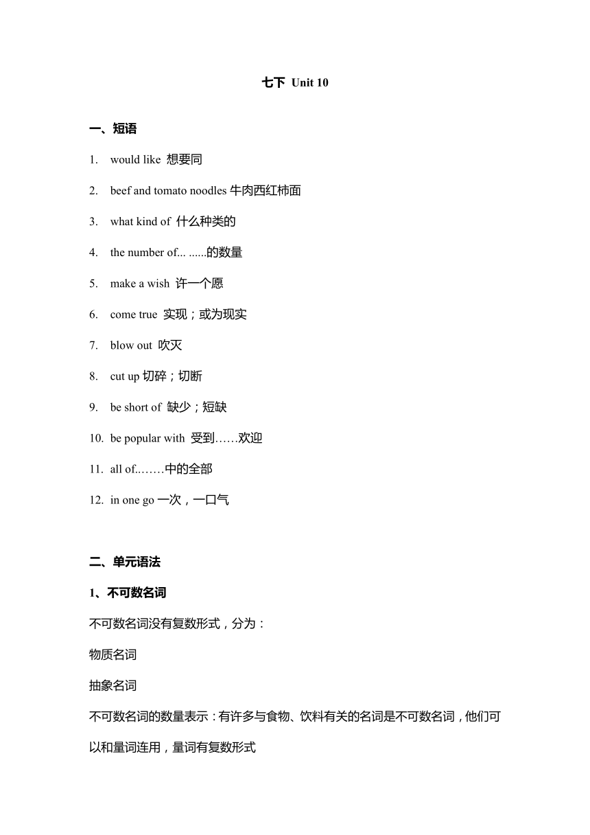 Unit 10 I'd like some noodles.单元语法练习（无答案） 2023-2024学年人教版七年级英语下册