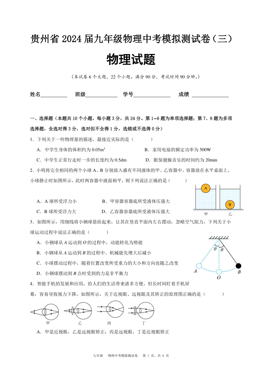 贵州省2024届九年级物理中考模拟测试卷（三）（含解析）