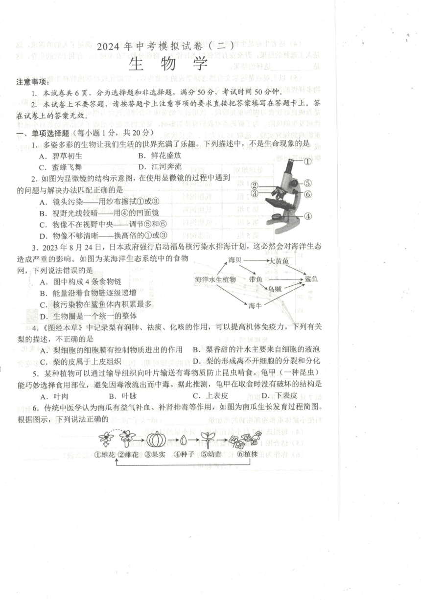 2024年河南省南阳市唐河县中考二模生物试题（PDF版无答案）