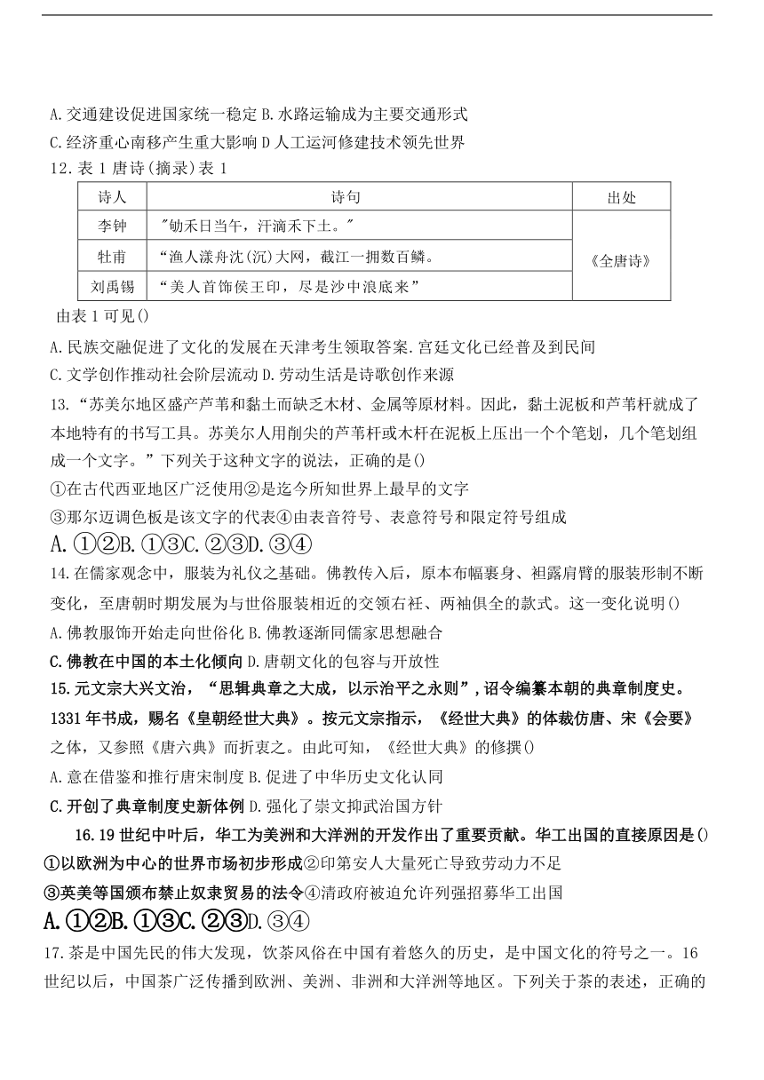 天津市郊区重点校联考2023-2024学年高二下学期第二次质量检测（期中）历史试卷（无答案）