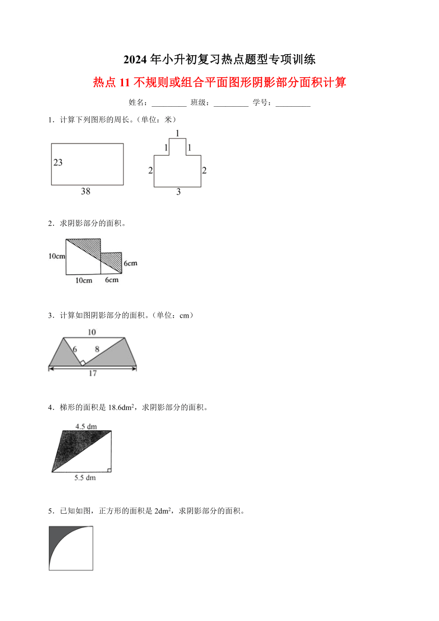 热点11 不规则或组合平面图形阴影部分面积计算-2024年小升初数学复习热点题型专项训练（通用版）（含解析）