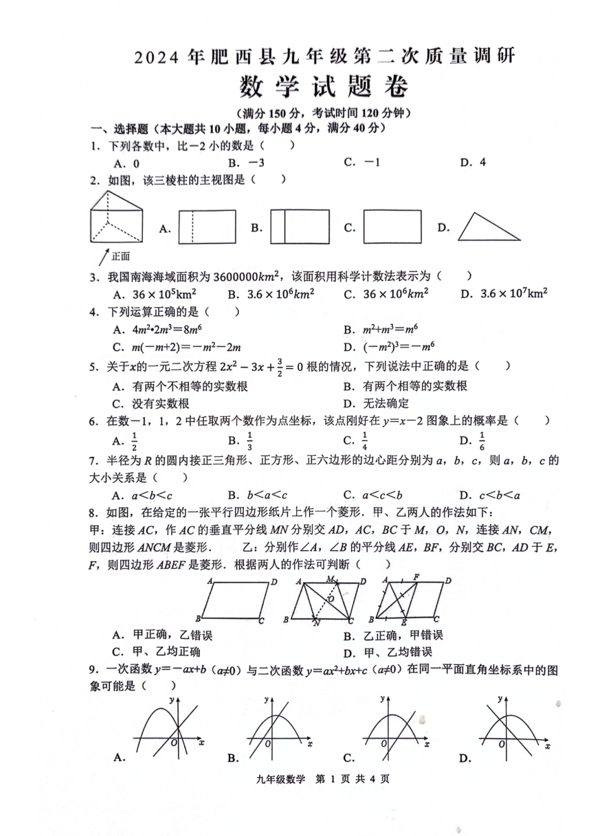 2024年安徽省合肥市肥西县九年级中考二模数学试题（PDF无答案）