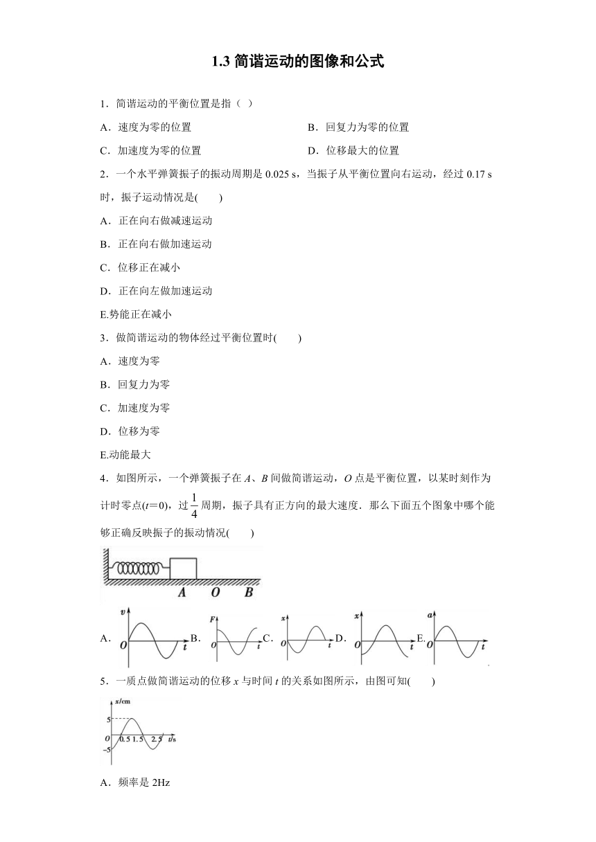 邻水县第二中学2019-2020学年高中物理教科版选修3-4：1.3简谐运动的图像和公式 巩固练习（含解析）