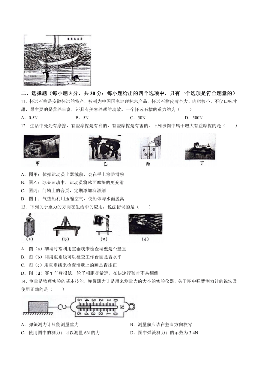 安徽省安庆市桐城市黄岗初级中学2023-2024学年八年级下学期物理期中考试（有答案）