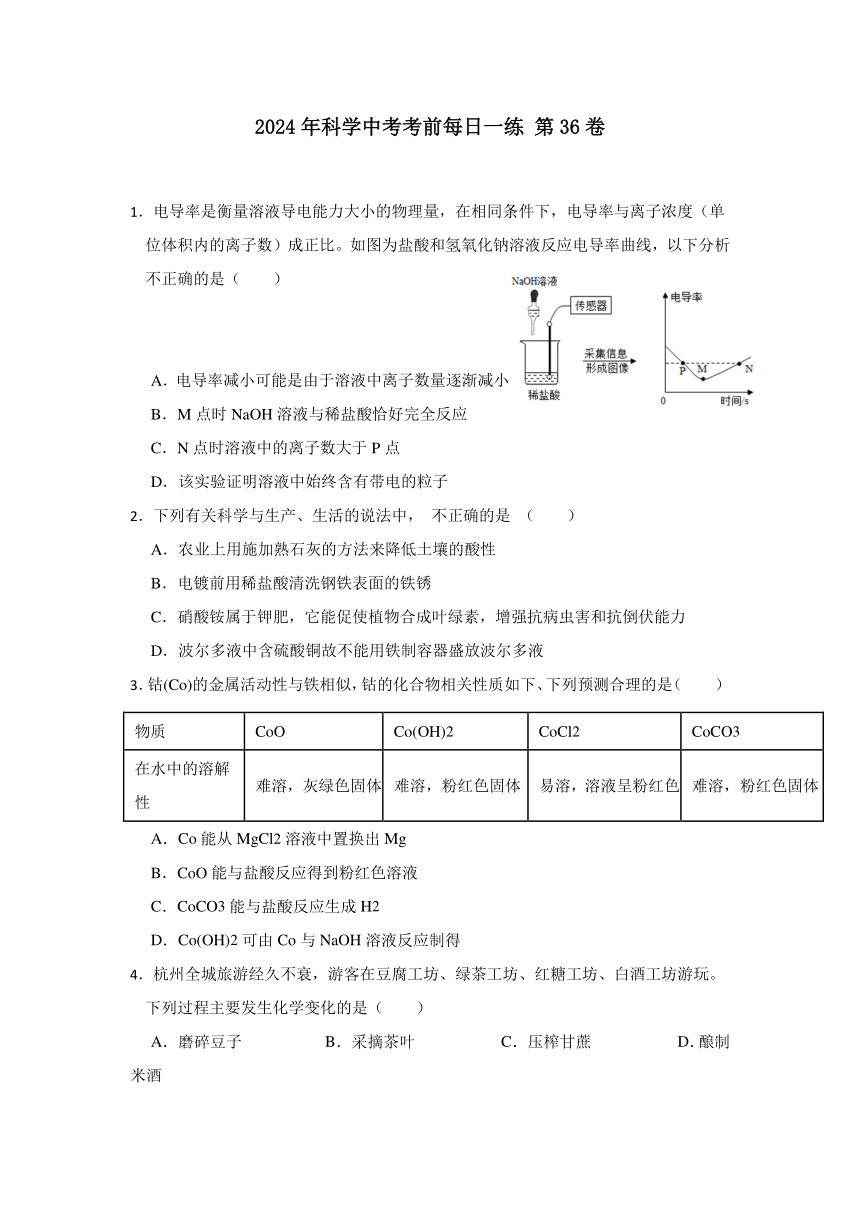 2024年浙江省科学中考考前每日一练 第36卷（含解析）