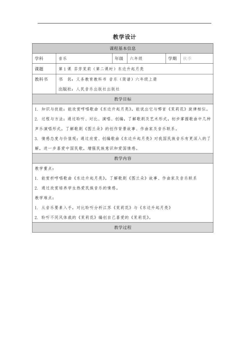 人音版六年级上册第1课 芬芳茉莉《东边升起月亮》 教学设计(表格式）