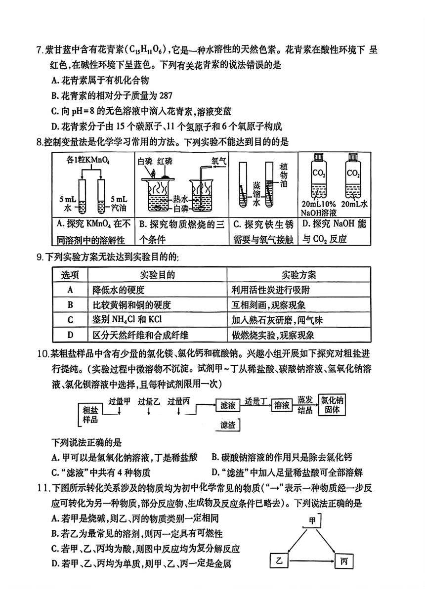 2024年湖北省十堰市郧西县中考二模考试化学试题（图片版，无答案）