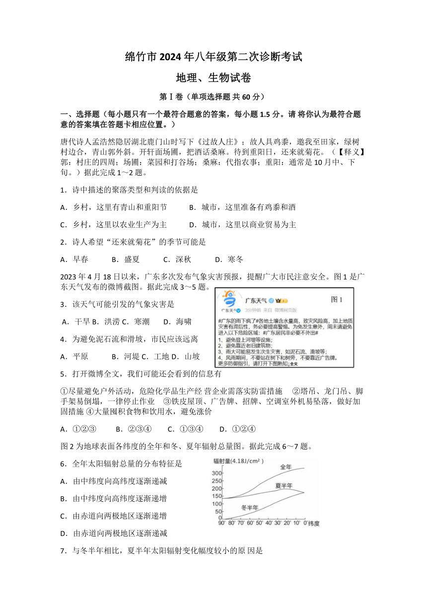 四川省德阳市绵竹市2024年八年级二模生物、地理试题（含答案）