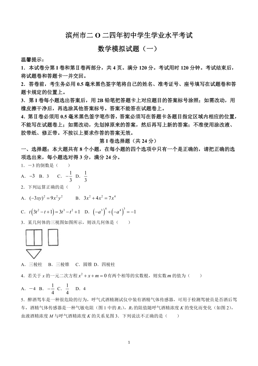 2024年山东省滨州市初中学业水平考试数学模拟试题（一）(无答案)