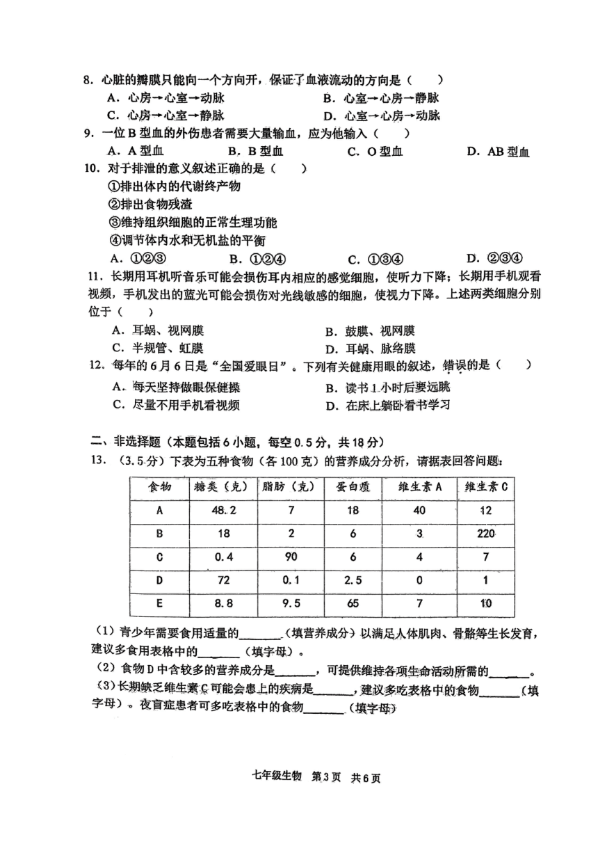 辽宁省大连市普兰店区2023-2024学年七年级下学期5月期中生物试题（pdf版无答案）