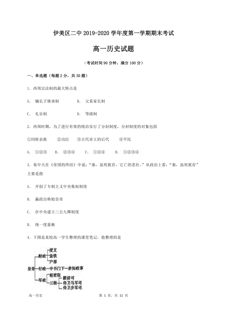 黑龙江省伊春市伊美区二中2019-2020学年高一上学期期末考试历史试题 Word版含答案