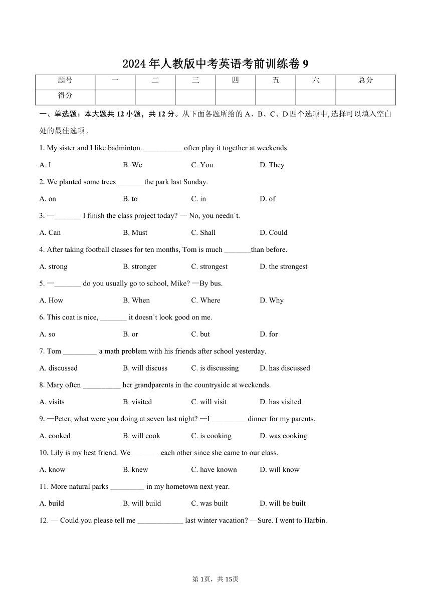 2024年人教版中考英语考前训练卷9（含解析）