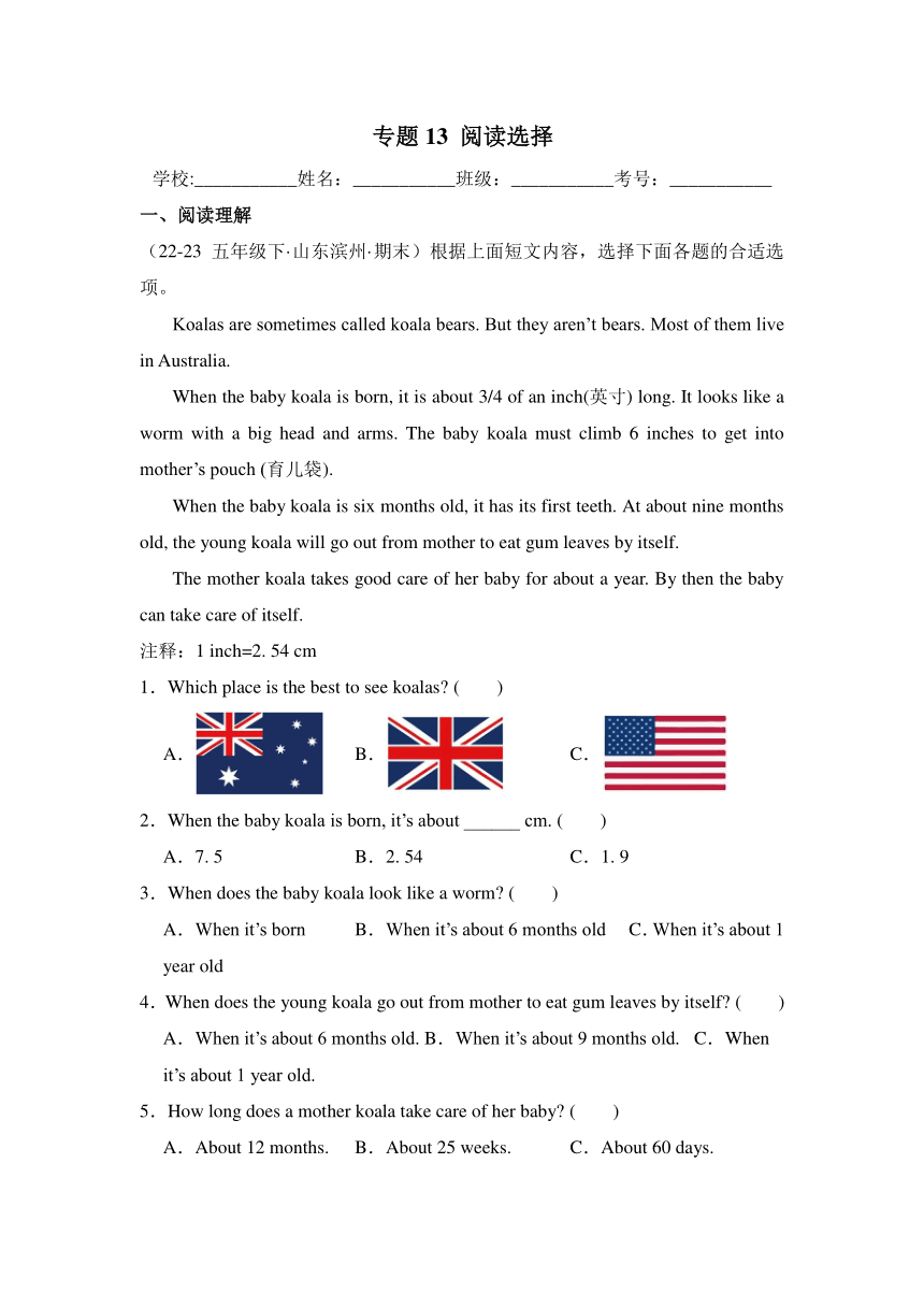 2023-2024学年人教版(PEP)五年级下册期末专题备考真题汇编：阅读选择（含解析）