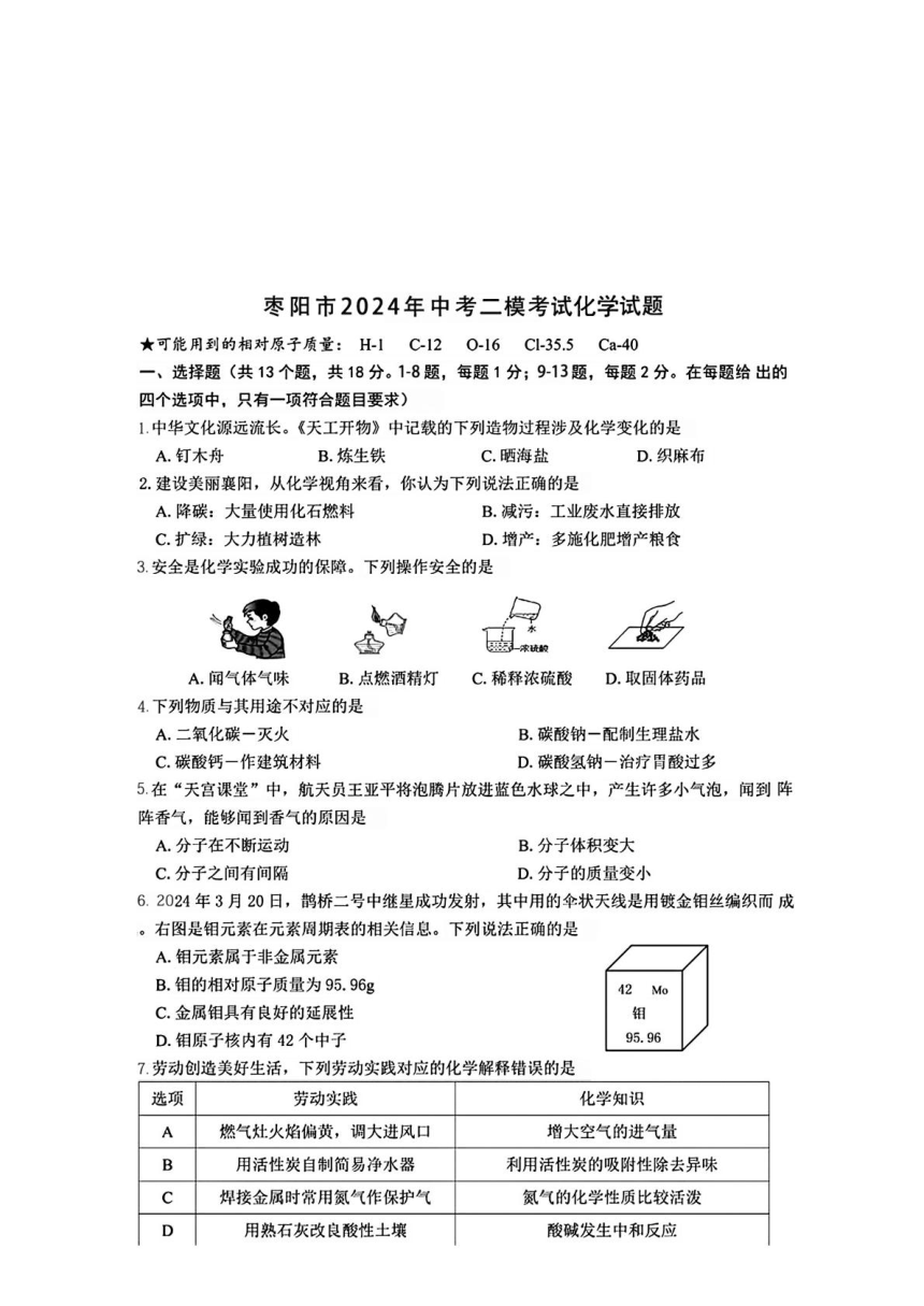 2024年湖北省枣阳市中考二模考试化学试题（PDF  含答案）