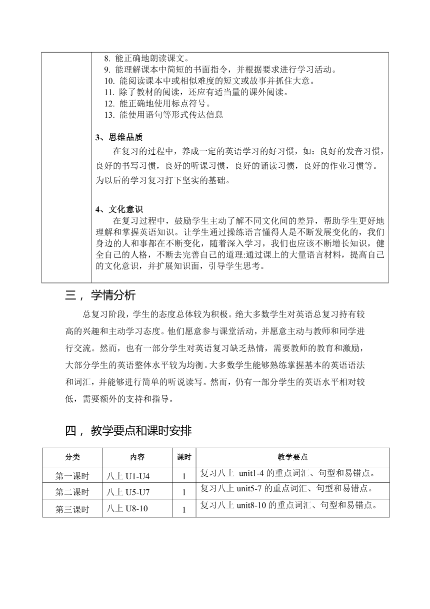 2023-2024学年第一学期八年级英语units1-10复习教案（表格式）