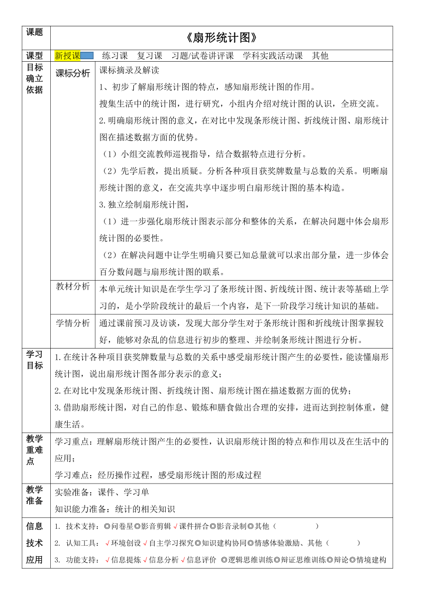 第七单元《扇形统计图》 教案 五年级下册数学青岛版（五四学制）（表格式）