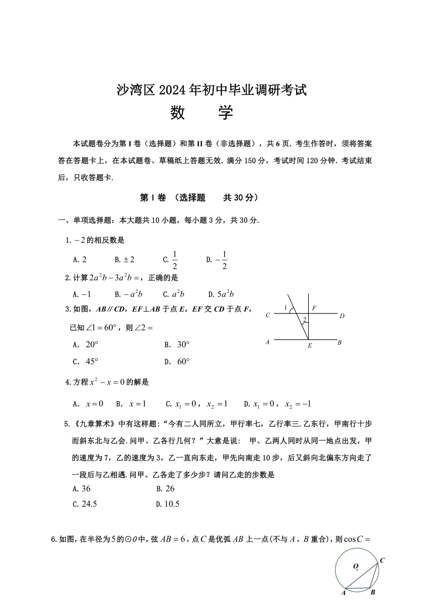 2024年四川省乐山市沙湾区九年级调研考试数学试题（含答案）